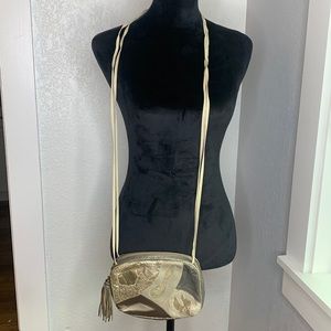 Vintage Sharif metallic patchwork leather crossbody purse tassel zip closure